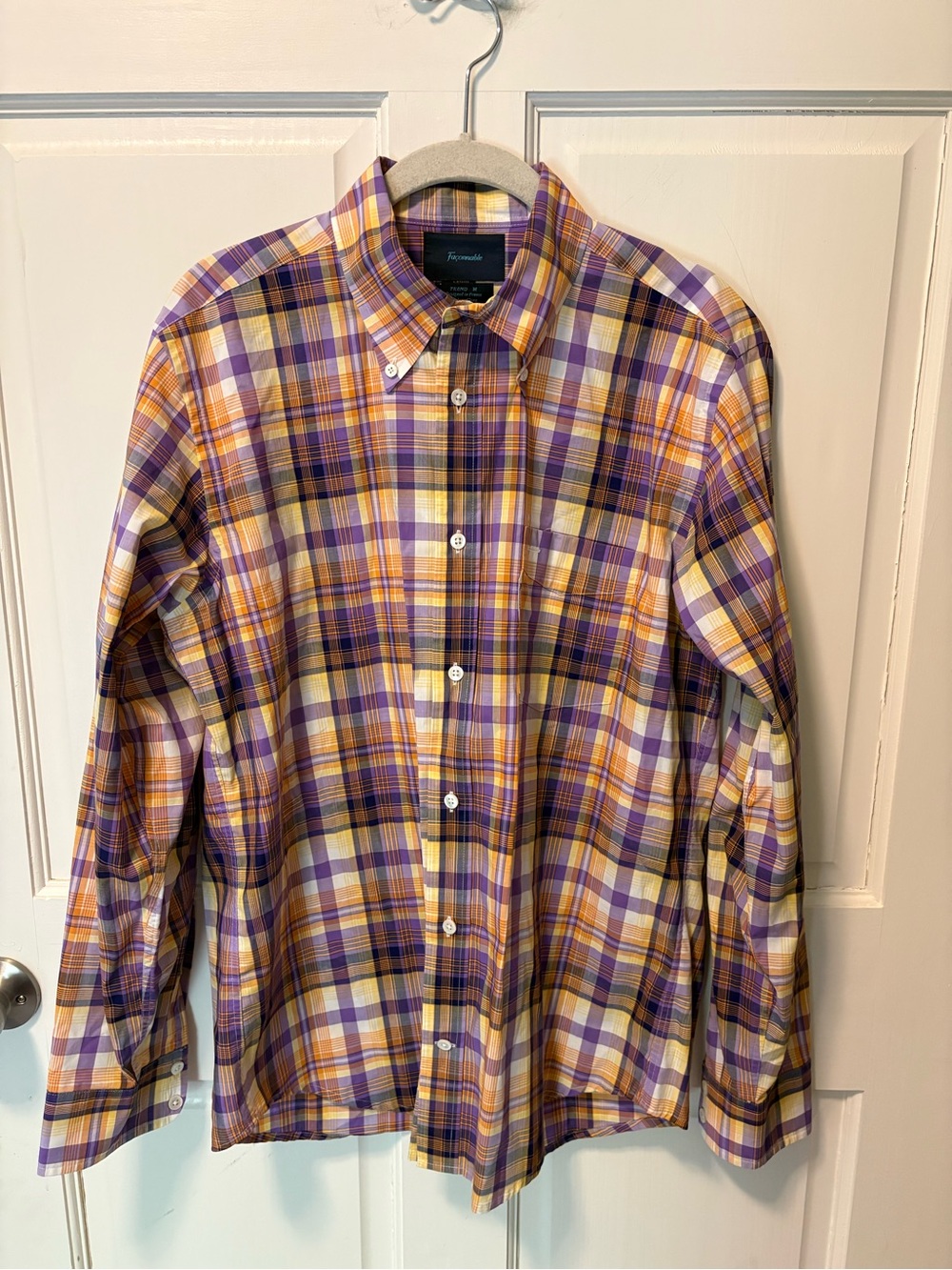 Faconnable purple plaid button down cotton long sleeve shirt men’s m medium